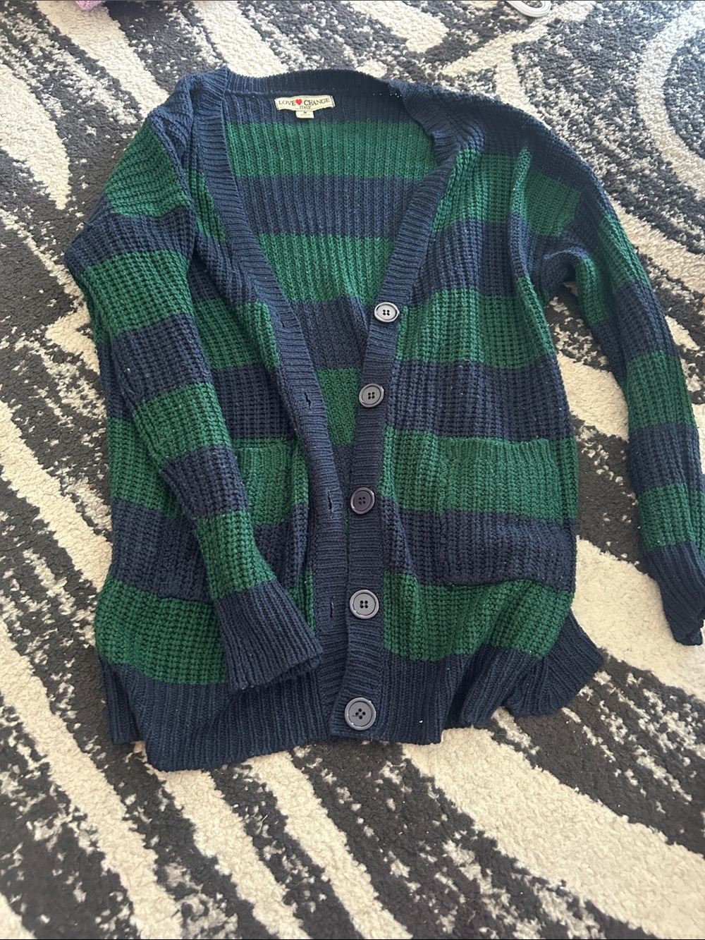 Love Striped Navy and Green Women’s Button Cardigan